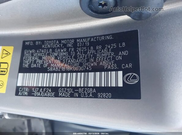 58ABZ1B18KU030745 2019 LEXUS ES 350 Gray Շարժիչի բաժամունքի տեսք