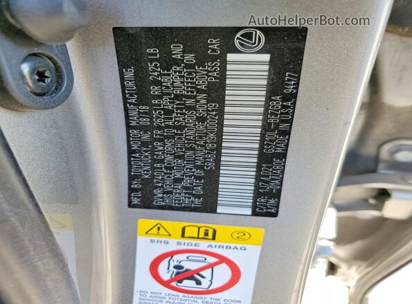 58ABZ1B19KU002419 2019 LEXUS ES Серебряный Вид подкапотного пространства