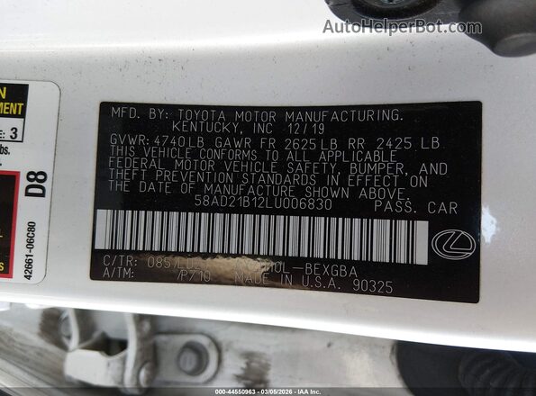 58AD21B12LU006830 2020 LEXUS ES 300H Белый Вид подкапотного пространства