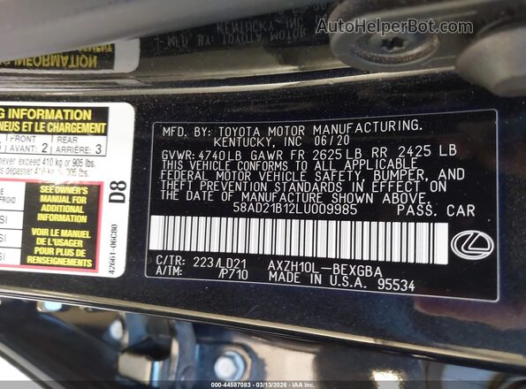 58AD21B12LU009985 2020 LEXUS ES 300H Черный Вид подкапотного пространства