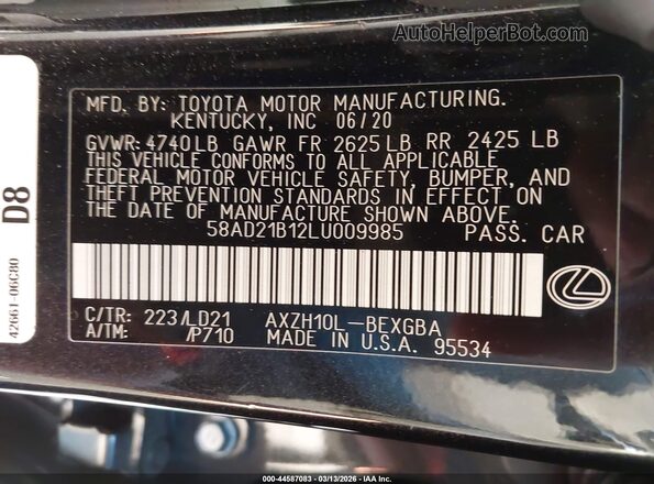 58AD21B12LU009985 2020 LEXUS ES 300H Черный 