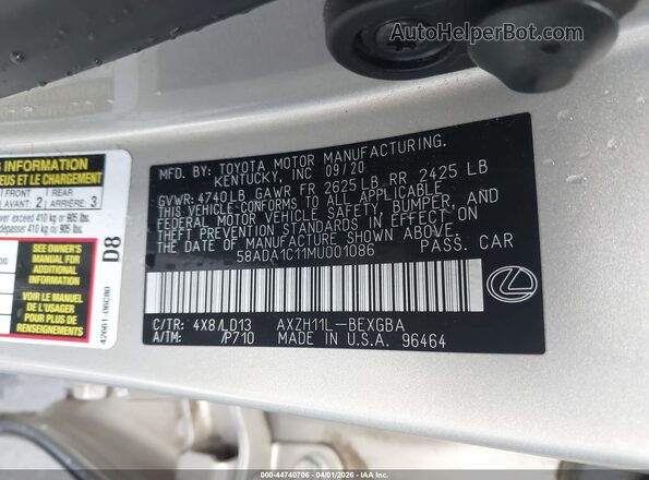 58ADA1C11MU001086 2021 LEXUS ES 300H Gold Vista del compartimento del motor
