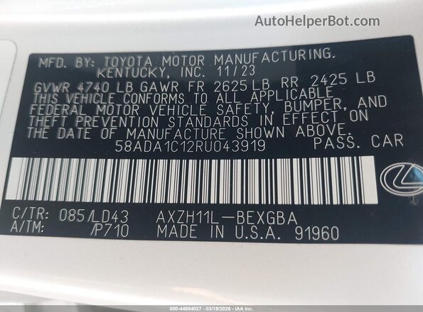 58ADA1C12RU043919 2024 LEXUS ES 300H Белый Вид подкапотного пространства