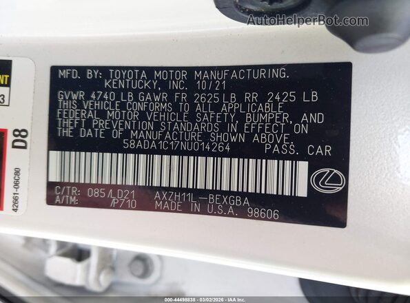 58ADA1C17NU014264 2022 LEXUS ES 300H Белый Вид подкапотного пространства