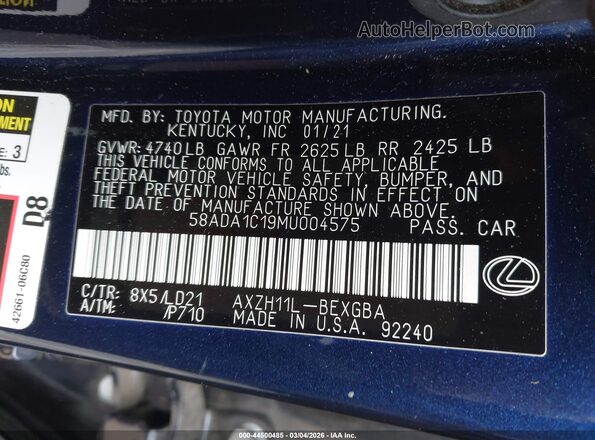 58ADA1C19MU004575 2021 LEXUS ES 300H Dark Blue Вид подкапотного пространства