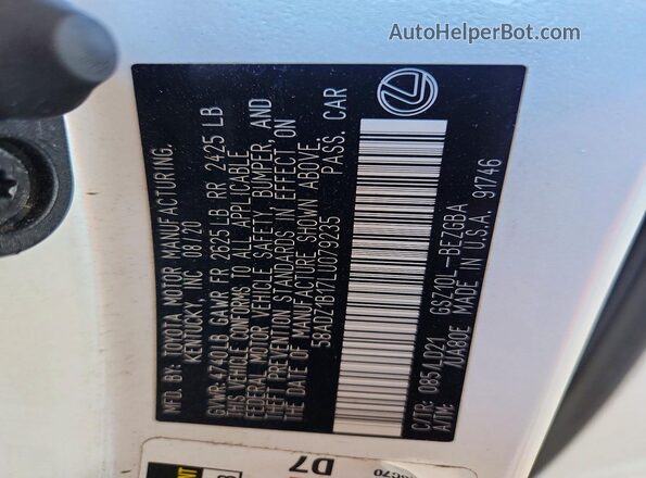 58ADZ1B17LU079235 2020 LEXUS ES White Vista del compartimento del motor
