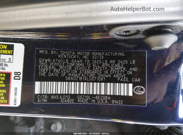 58ADZ1B1XLU071081 2020 LEXUS ES 350 Синий Вид подкапотного пространства