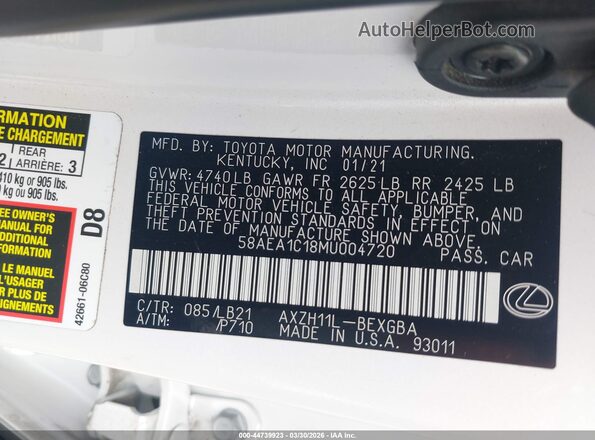 58AEA1C18MU004720 2021 LEXUS ES 300H White Widok komory silnika