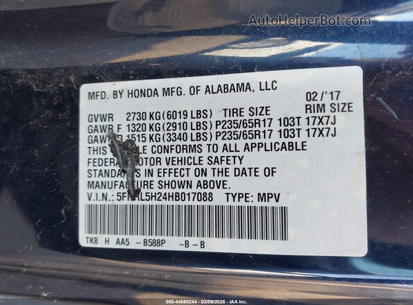 5FNRL5H24HB017088 2017 HONDA ODYSSEY Синий Вид подкапотного пространства