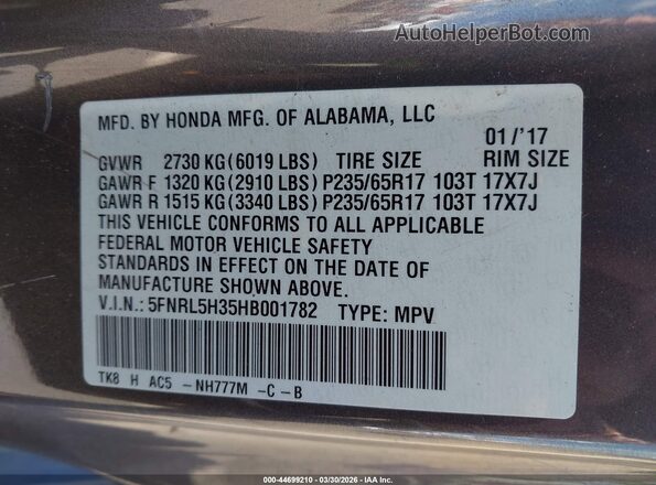 5FNRL5H35HB001782 2017 HONDA ODYSSEY Gray Widok komory silnika