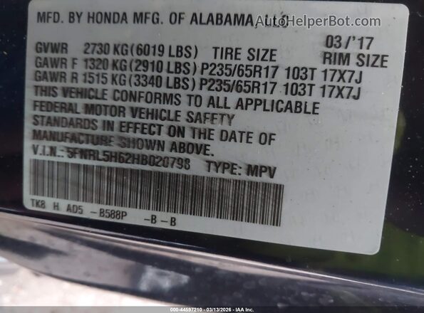 5FNRL5H62HB020798 2017 HONDA ODYSSEY Blue Вид підкапотного простору
