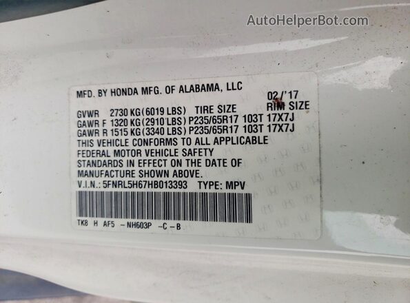5FNRL5H67HB013393 2017 HONDA ODYSSEY Белый Вид наклейки с VIN-кодом