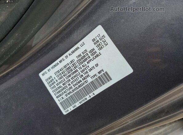 5FNRL6H20JB034787 2018 HONDA ODYSSEY Gray VIN კოდის სტიკერის ხედი