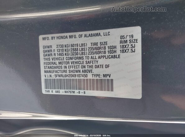 5FNRL6H20KB107450 2019 HONDA ODYSSEY Gray Widok komory silnika