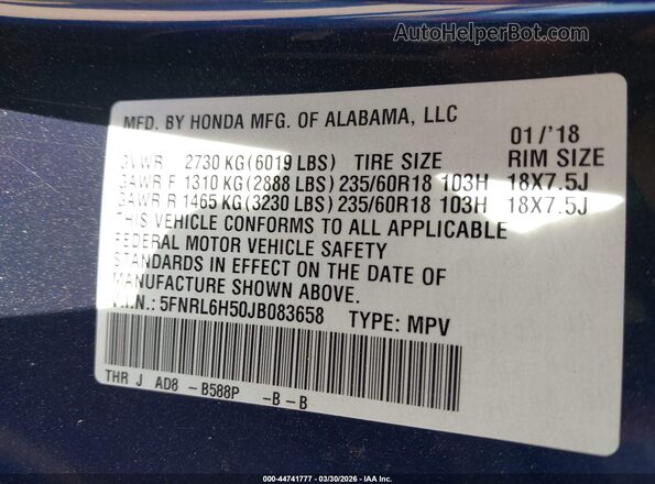 5FNRL6H50JB083658 2018 HONDA ODYSSEY Dark Blue Вид подкапотного пространства