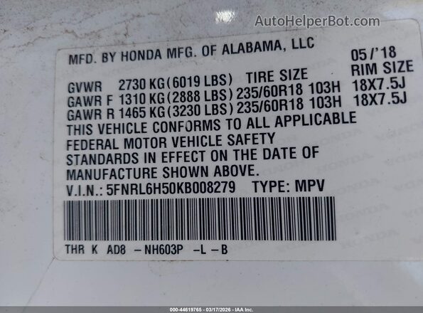 5FNRL6H50KB008279 2019 HONDA ODYSSEY Белый Вид подкапотного пространства