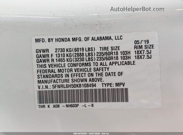 5FNRL6H50KB108494 2019 HONDA ODYSSEY White Vista del compartimento del motor