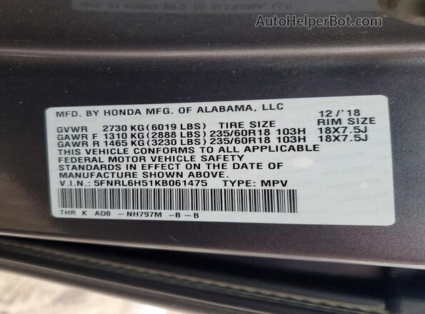 5FNRL6H51KB061475 2019 HONDA ODYSSEY Charcoal VIN sticker view