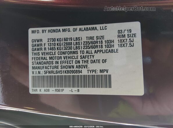5FNRL6H51KB090894 2019 HONDA ODYSSEY Maroon ძრავის განყოფილების ხედი