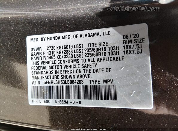 5FNRL6H53LB064203 2020 HONDA ODYSSEY Gray Вид підкапотного простору