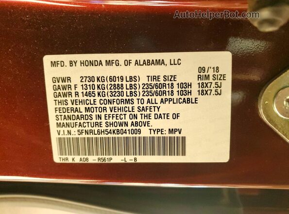 5FNRL6H54KB041009 2019 HONDA ODYSSEY Красный Вид наклейки с VIN-кодом