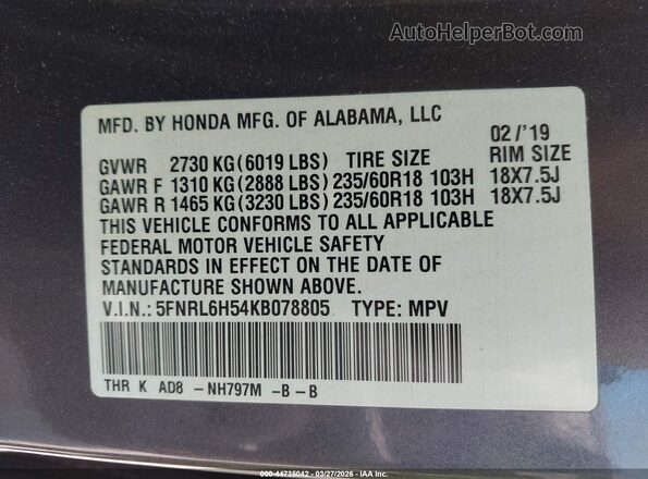 5FNRL6H54KB078805 2019 HONDA ODYSSEY Gray Vista del compartimento del motor