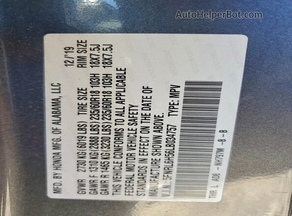 5FNRL6H56LB034757 2020 HONDA ODYSSEY Серый Вид наклейки с VIN-кодом