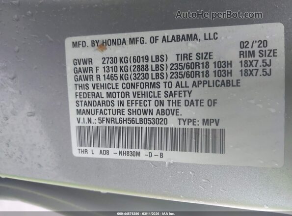 5FNRL6H56LB053020 2020 HONDA ODYSSEY Серебряный Вид подкапотного пространства
