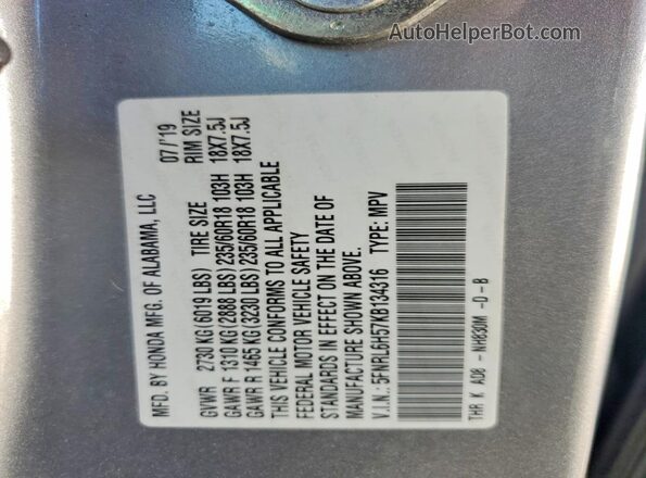 5FNRL6H57KB134316 2019 HONDA ODYSSEY Silver VIN կոդի պիտակի տեսք