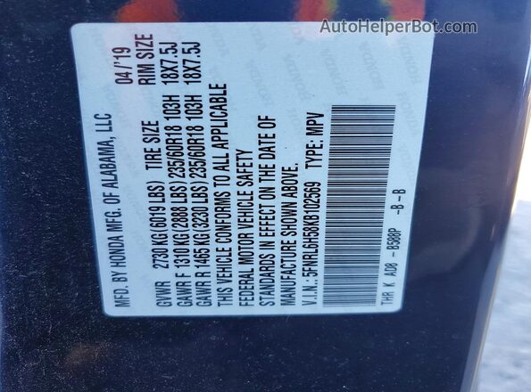 5FNRL6H58KB102569 2019 HONDA ODYSSEY Blue Vista interior de 360 grados