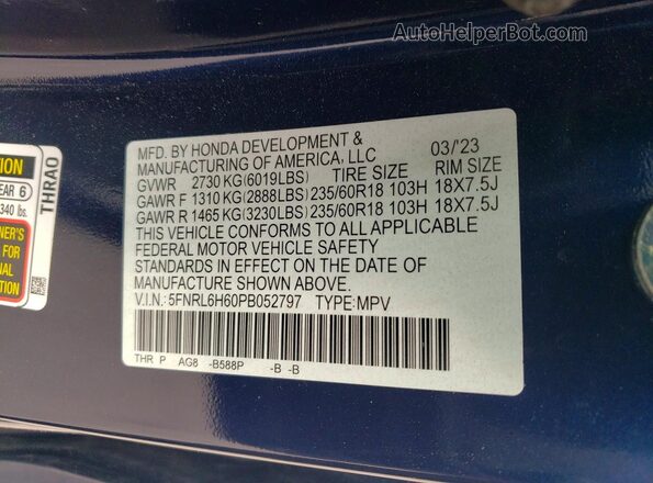 5FNRL6H60PB052797 2023 HONDA ODYSSEY Blue Вид наклейки з VIN-кодом