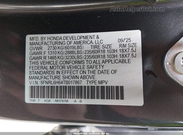 5FNRL6H64TB017867 2026 HONDA ODYSSEY Серебряный Вид подкапотного пространства
