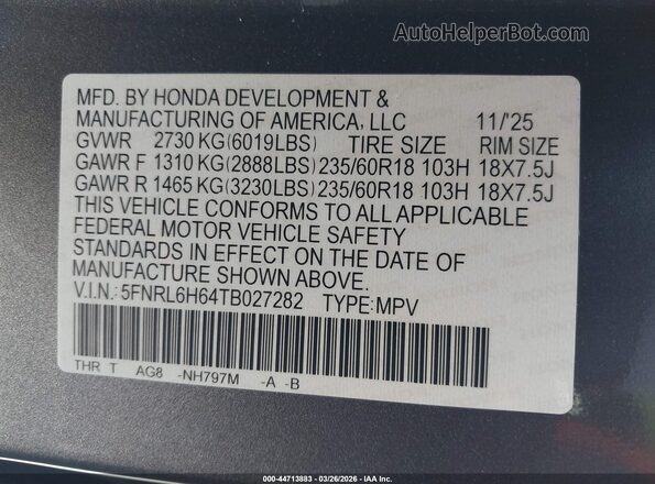 5FNRL6H64TB027282 2026 HONDA ODYSSEY Серый Вид подкапотного пространства