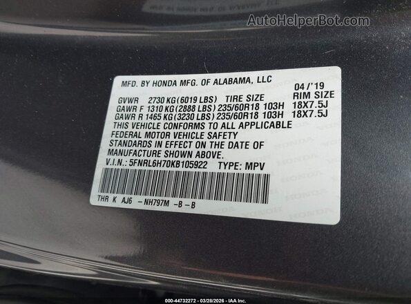 5FNRL6H70KB105922 2019 HONDA ODYSSEY Gray ძრავის განყოფილების ხედი