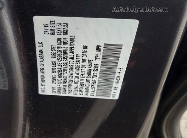 5FNRL6H70KB132389 2019 HONDA ODYSSEY Gray Vista de la etiqueta del VIN