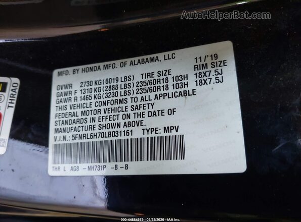 5FNRL6H70LB031161 2020 HONDA ODYSSEY Черный Вид подкапотного пространства