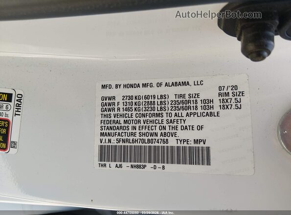 5FNRL6H70LB074768 2020 HONDA ODYSSEY White Vista del compartimento del motor