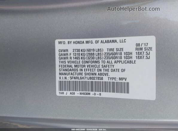 5FNRL6H71JB027858 2018 HONDA ODYSSEY Silver Widok komory silnika