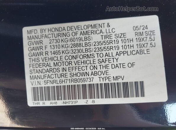 5FNRL6H71RB059737 2024 HONDA ODYSSEY Черный Вид подкапотного пространства