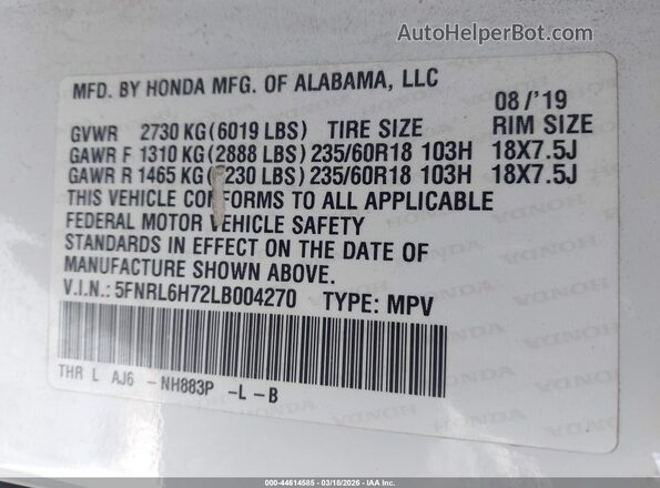 5FNRL6H72LB004270 2020 HONDA ODYSSEY Белый Вид подкапотного пространства