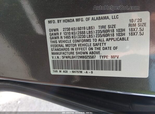 5FNRL6H72MB025587 2021 HONDA ODYSSEY Gray Engine compartment view