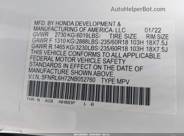 5FNRL6H72NB052760 2022 HONDA ODYSSEY Белый Вид подкапотного пространства
