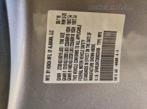 5FNRL6H73KB033498 2019 HONDA ODYSSEY Silver Widok naklejki z numerem VIN
