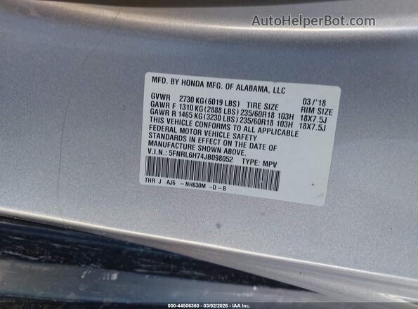5FNRL6H74JB098052 2018 HONDA ODYSSEY Silver Vista del compartimento del motor