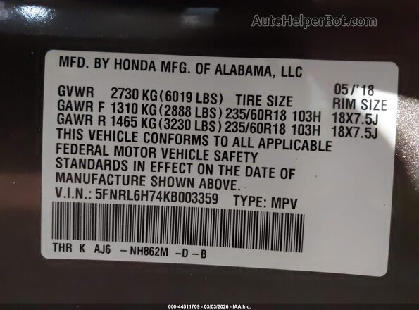 5FNRL6H74KB003359 2019 HONDA ODYSSEY Коричневый Вид подкапотного пространства
