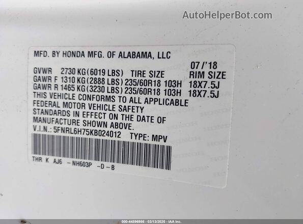 5FNRL6H75KB024012 2019 HONDA ODYSSEY White Вид підкапотного простору