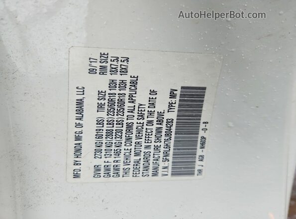 5FNRL6H76JB044283 2018 HONDA ODYSSEY White VIN კოდის სტიკერის ხედი