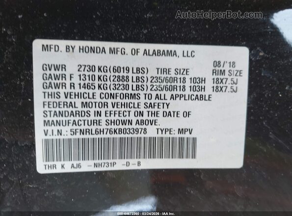 5FNRL6H76KB033978 2019 HONDA ODYSSEY Black Vista del compartimento del motor