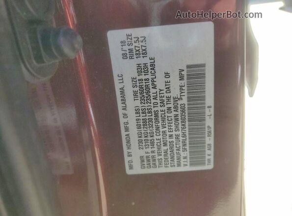 5FNRL6H76KB035603 2019 HONDA ODYSSEY Maroon Вид наклейки з VIN-кодом