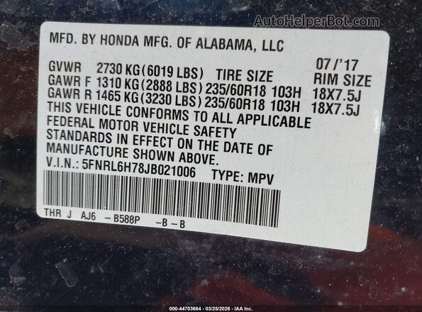 5FNRL6H78JB021006 2018 HONDA ODYSSEY Blue Vista del compartimento del motor